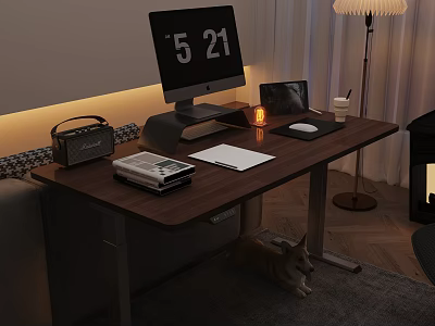 Cozy Wooden Desk Setup With Computer Monitor Lamp Radio Notebook And Corgi 3d model