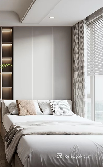 Tatami Bedroom Interior Design With Cozy Pillows Gray Curtains And Lit Shelves 3d model 