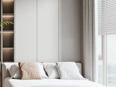 Tatami Bedroom Interior Design With Cozy Pillows Gray Curtains And Lit Shelves 3d model