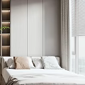 Tatami Bedroom Interior Design With Cozy Pillows Gray Curtains And Lit Shelves