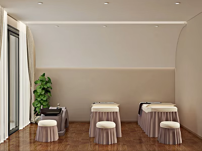 Modern SPA Sauna Room Interior With Massage Beds Small Stools Green Plant And Wooden Floor 3d model