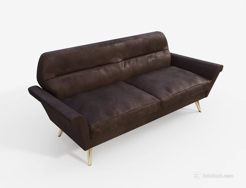 Brown Leather Two Seater Sofa With Gold Metal Legs And Modern Design 3d model 