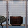 Cozy Double Sofa In Living Room With Blinds And Scenic Sea View