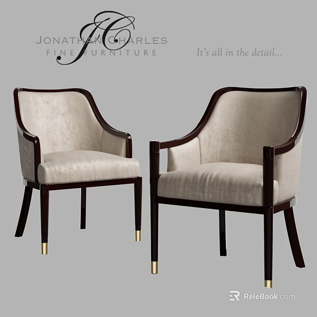 Elegant Armchairs With Beige Upholstery Dark Wooden Frame And Golden Legs 3d model 