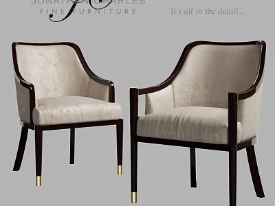 Elegant Armchairs With Beige Upholstery Dark Wooden Frame And Golden Legs 3d model