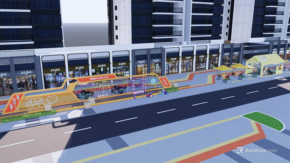 Modern Commercial Landscape With Multi Story Buildings Glass Storefronts And Outdoor Seating 3d model 