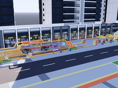 Modern Commercial Landscape With Multi Story Buildings Glass Storefronts And Outdoor Seating 3d model