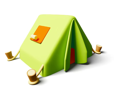 Scenic Campsite Featuring Green Tent With Orange Window And Wooden Stakes 3d model