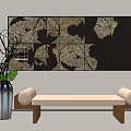 Abstract Painting Black Background Gold Leaf Patterns With Beige Bench Silver Vase Modern Interior Decor 3d model