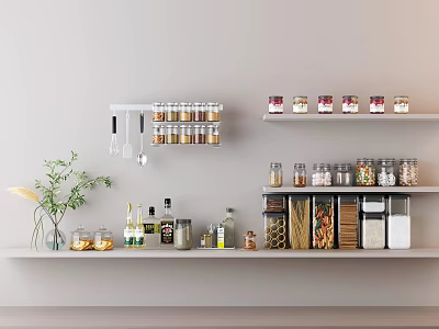 Hanging Cooking Utensils on Kitchen Wall with Spice Jars Food Containers Dried Pasta and Plant 3d model