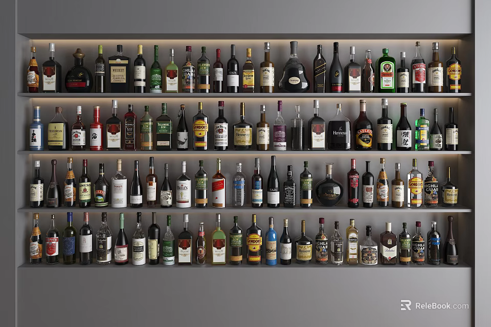 Modern Wine Cabinet Interior Design With Various Neatly Arranged Wine Bottles 3d model 