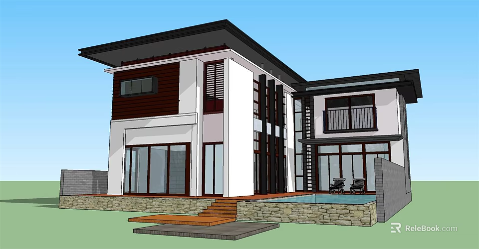 Modern Detached Villa With Large Windows Outdoor Pool And Stone Steps 3d model