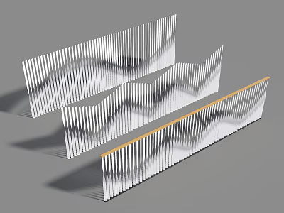 Modern Wavy Vertical Slats Railing Design with Yellow Base and Curved Patterns 3d model