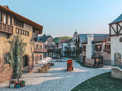 European Style Commercial Street With Cobblestone Path Vintage Carriage And Outdoor Café Tables 3d model