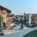 European Style Commercial Street With Cobblestone Path Vintage Carriage And Outdoor Café Tables