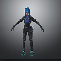 Futuristic 3D Character With Blue Hair Black And Blue Outfit And Glowing Gear