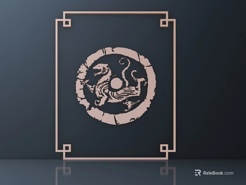 Intricate Circular Carving with Mythical Creature and Geometric Frame on Dark Background 3d model 