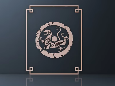 Intricate Circular Carving with Mythical Creature and Geometric Frame on Dark Background 3d model