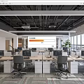 Modern Public Office Space With Multiple Desks Computers Office Chairs Large Windows And Green Plants