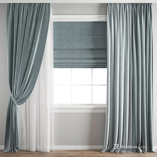 Soft Blue Curtains With Roman Blind For Window Natural Light 3d model