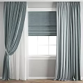 Soft Blue Curtains With Roman Blind For Window Natural Light 3d model