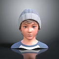 Young Boy Character In Gray Knitted Hat Blue Shirt And White Collar