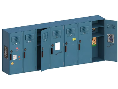 Blue Metal Lockers With Open And Closed Doors And Numbered Compartments 3d model