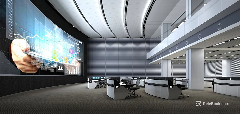 Modern Control Room Interior With Large Display Screens And Control Workstations 3d model 