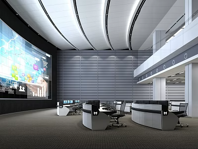 Modern Control Room Interior With Large Display Screens And Control Workstations 3d model