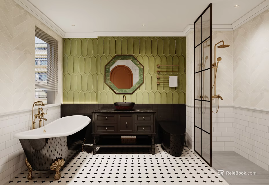 Vintage Style Bathroom With Clawfoot Tub and Green Accent Wall 3d model 