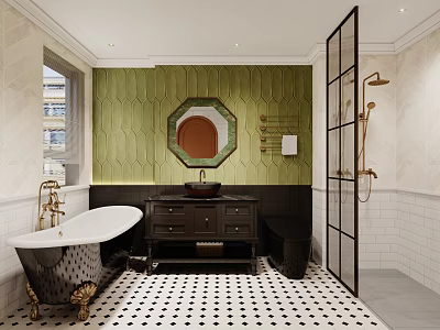 Vintage Style Bathroom With Clawfoot Tub and Green Accent Wall 3d model