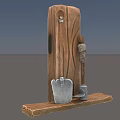 Traditional Agricultural Equipment Set with Shovel and Small Hoe on Wooden Carved Base