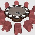 Elegant Round Dining Table Set With Red Chair Covers And White Plates 3d model
