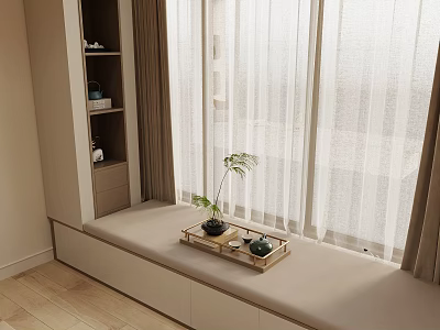 Cozy Bay Window Seat With White Curtains Wooden Tray Green Plant And Tea Set 3d model