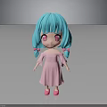Cartoon Doll With Turquoise Pigtails Pink Dress And Big Eyes On Dark Background