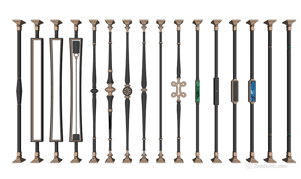 Different Styles Of Metal Balusters With Decorative Patterns And Gold Black Finishes 3d model 
