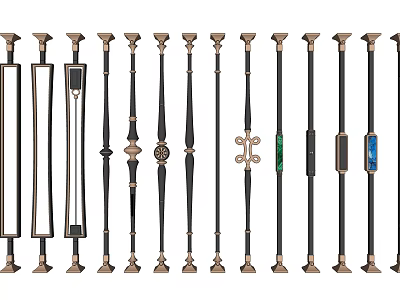 Different Styles Of Metal Balusters With Decorative Patterns And Gold Black Finishes 3d model