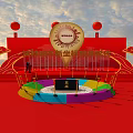 Grand Red Ceremony Scene With Golden Emblem Colorful Stage And Lantern Decorations