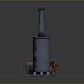 Metal Wood Burning Stove With Tall Chimney And Metal Log Storage Rack