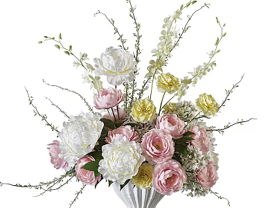 Elegant Flower Arrangement in Vase with Pink White and Yellow Blooms and Greenery 3d model