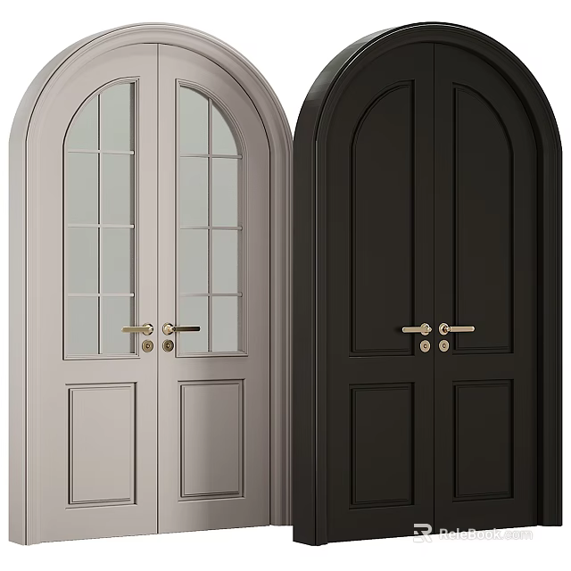 Two Tone Arched Top Swing Doors With Glass Panels And Brass Handles For Interior Design 3d model 