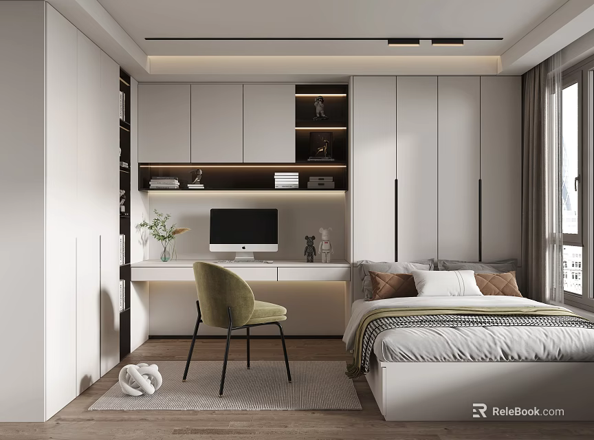 Minimalist Tatami Bedroom Interior With Tatami Bed Built in Desk And Storage Cabinets 3d model 