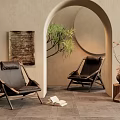 Elegant Leather Leisure Chairs With Wooden Frame Arched Interior Decorative Painting And Potted Plant