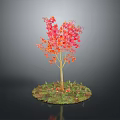 Vibrant Maple Tree With Red Orange Leaves And Yellow Trunk On Green Grass