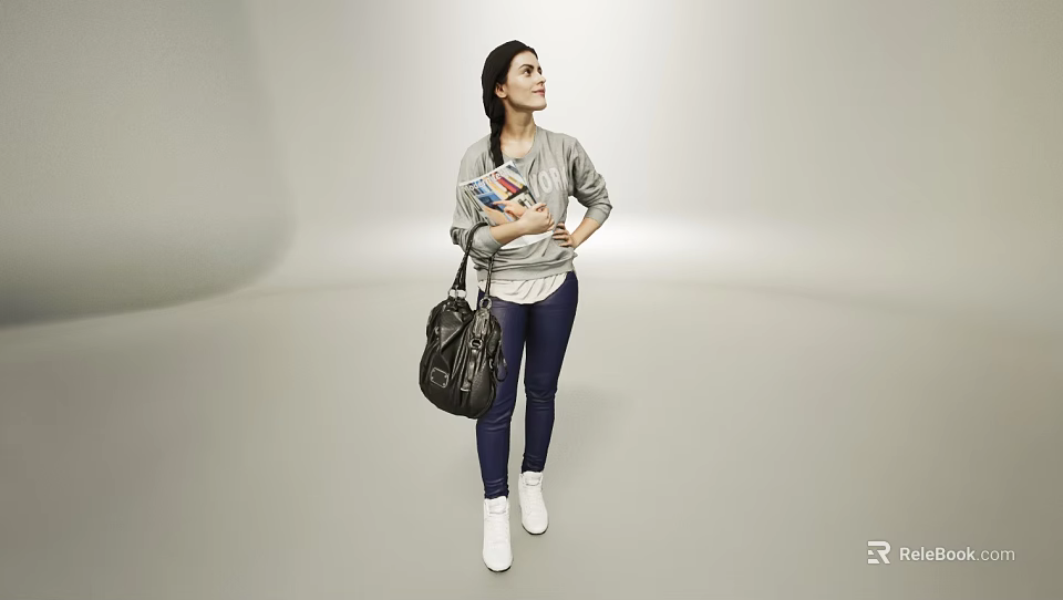 Woman Wearing Gray Top Blue Pants Holding Magazine With Black Bag And White Shoes 3d model 