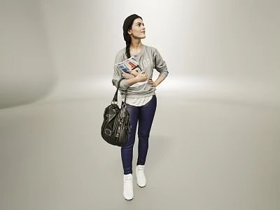Woman Wearing Gray Top Blue Pants Holding Magazine With Black Bag And White Shoes 3d model