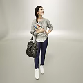 Woman Wearing Gray Top Blue Pants Holding Magazine With Black Bag And White Shoes