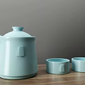 Modern Minimalist Light Blue Ceramic Tea Set with Teapot and Two Cups on Wooden Table