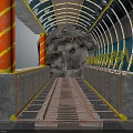 Industrial Tunnel Interior With Red Striped Pillars Yellow Railings And Tracks