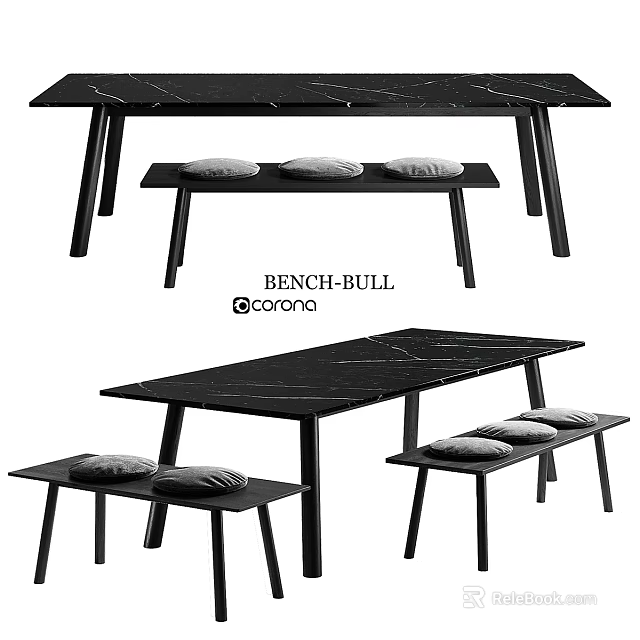 Modern Black Marble Dining Table And Bench Set With Soft Pillows Design 3d model 